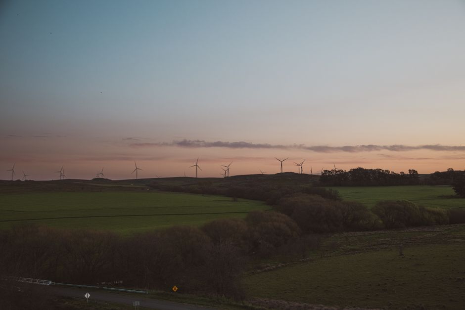 Turismo Sustentável — Wind farm in Buenos Aires countryside at dawn with lush green fields and calm sky.